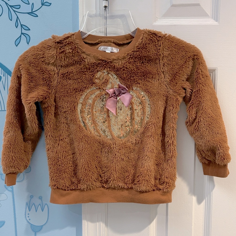 Tahari Brown Fuzzy Kids Sweatshirt with Sequin Cute Autumn Pumpkin Girl Size 5 !